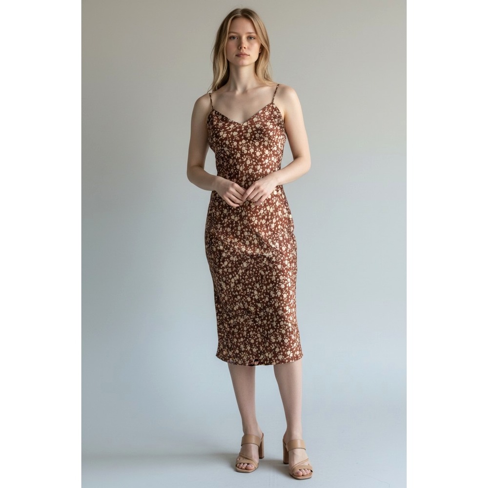 Nili Lotan Brown Floral 100% Silk Midi Slip Dress Women's Small Cami Luxury